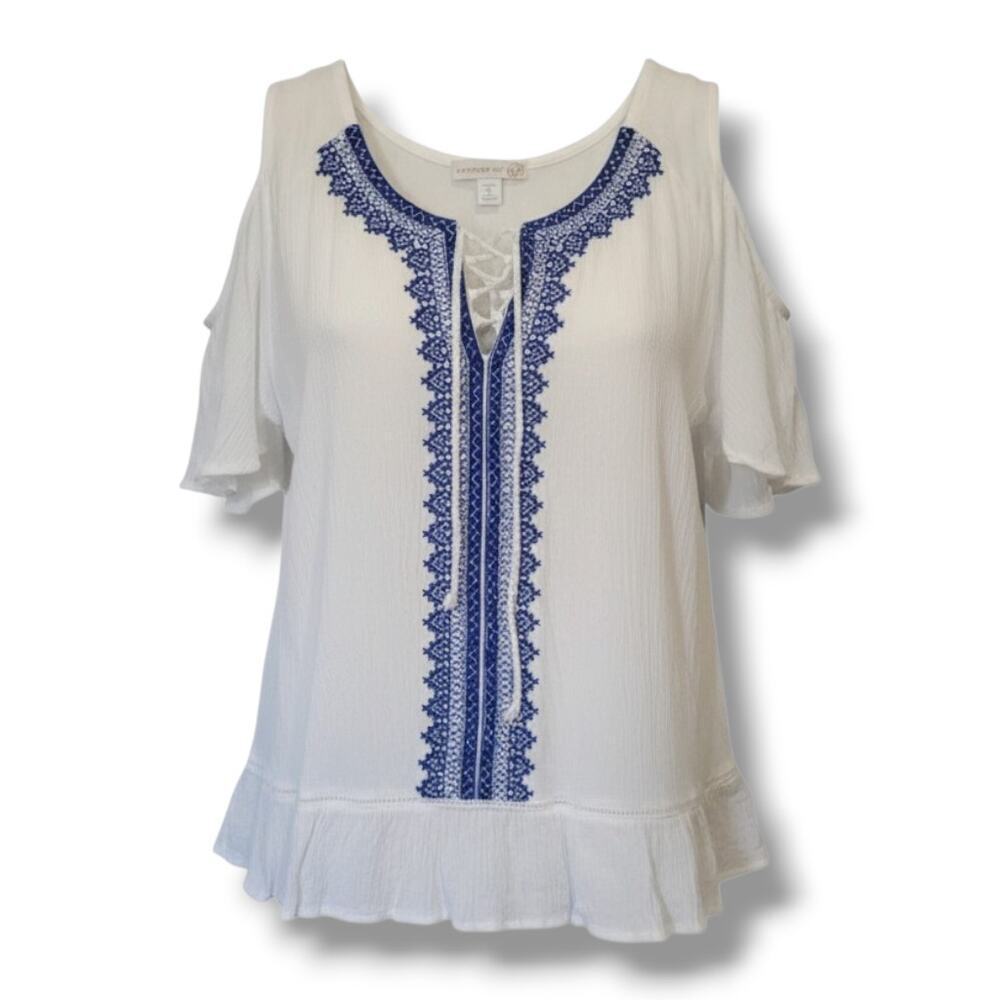Westport 1962 women's petite off white blue embroidery boho short sleeve Blouse